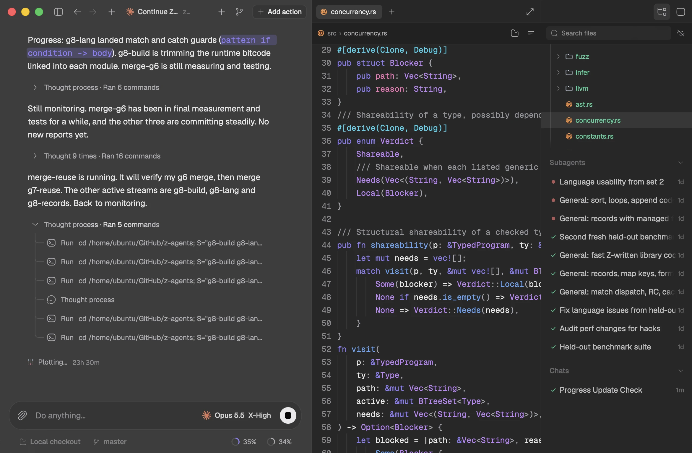 Zeron running a Claude Code session beside an open Rust file, the project tree, and a list of subagents