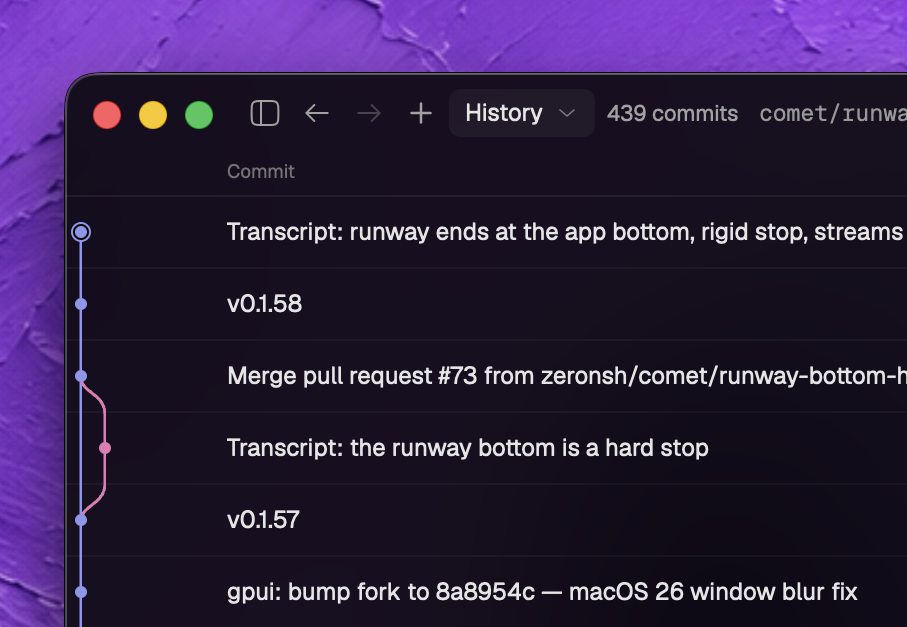 Zeron commit history view with a branching commit graph